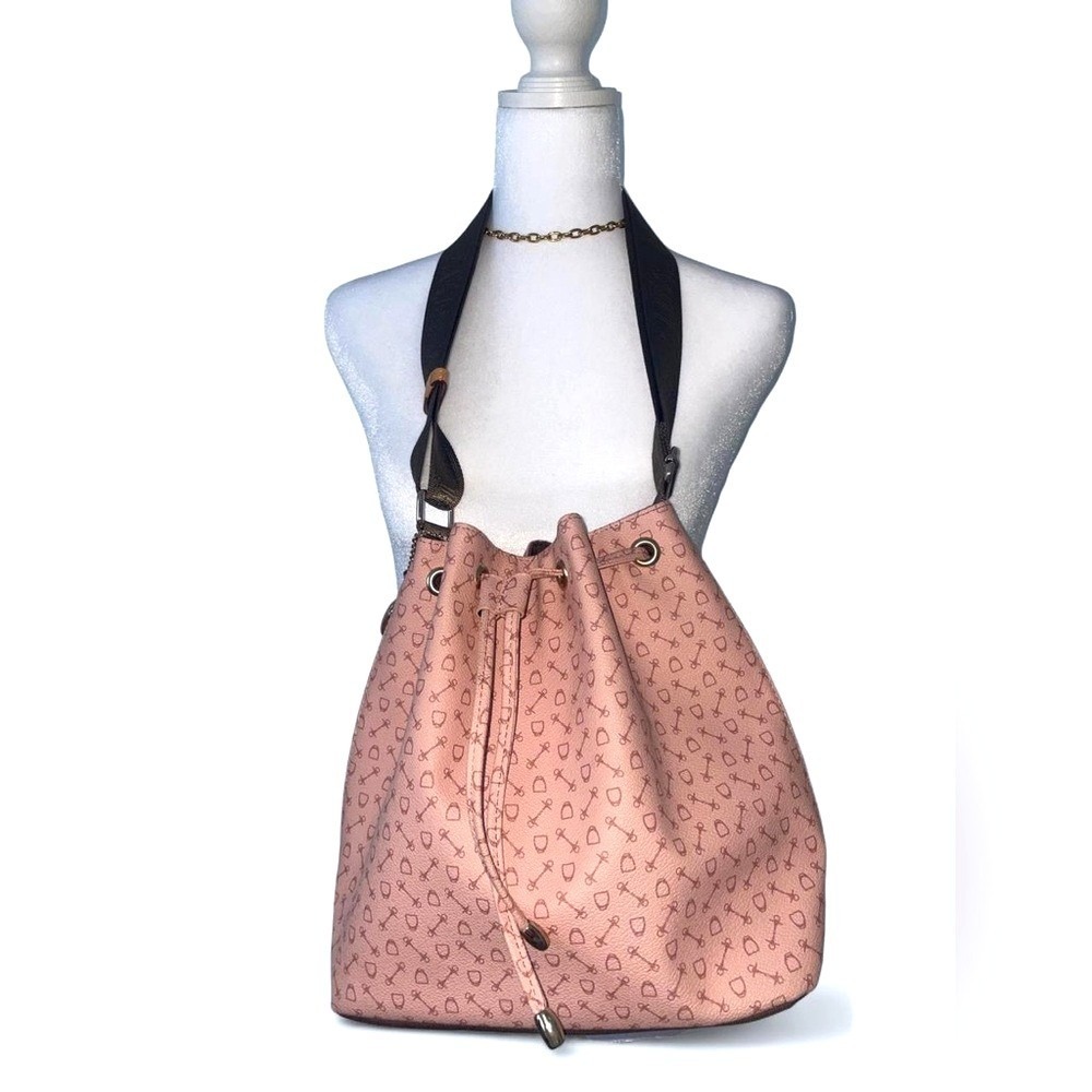 WHY Harness Pink Leather Monogram Drawstring Bucket Bag Crossbody Horseshoe
